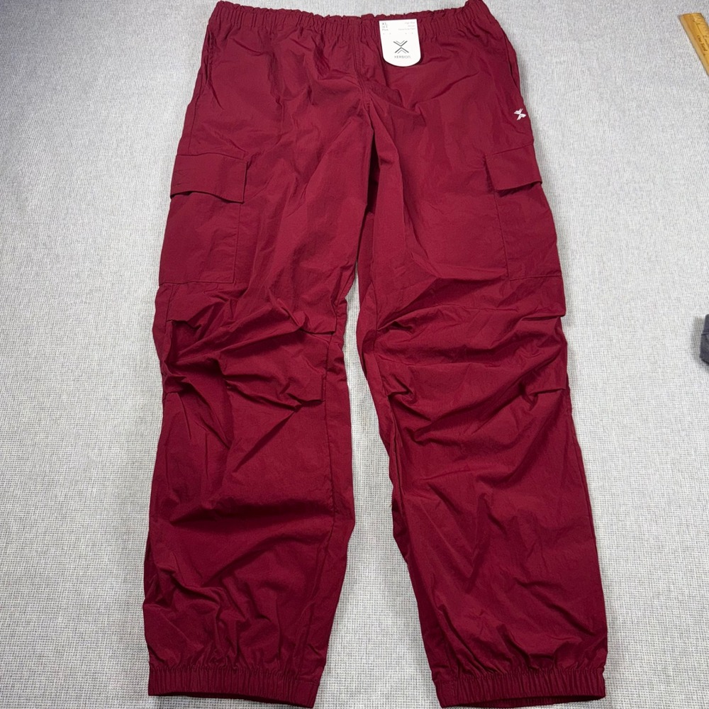 Xersion Womens XL High Rise Woven Parachute Pants Cargo Joggers Red Nylon NEW